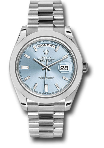 *Pre-Owned* Rolex 950 Platinum Day-Date 40 Watch - Smooth Bezel - Ice Blue Baguette Diamond Dial - President Bracelet