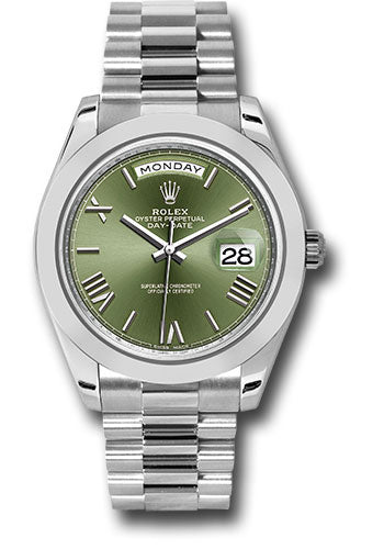 *Pre-Owned* Rolex 950 Platinum Day-Date 40 Watch - Smooth Bezel - Olive Green Bevelled Roman Dial - President Bracelet