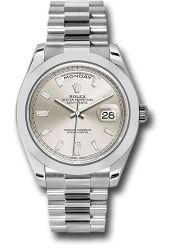 *Pre-Owned* Rolex 950 Platinum Day-Date 40 Watch - Smooth Bezel - Silver Baguette Diamond Dial - President Bracelet
