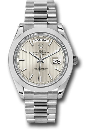 *Pre-Owned* Rolex 950 Platinum Day-Date 40 Watch - Smooth Bezel - Silver Strip Motif Index Dial - President Bracelet
