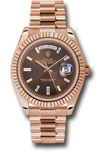 *Pre-Owned* Rolex Everose Gold Day-Date 40 Watch - Fluted Bezel - Chocolate Baguette Diamond Dial - President Bracelet