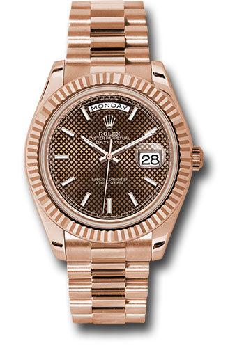 *Pre-Owned* Rolex Everose Gold Day-Date 40 Watch - Fluted Bezel - Chocolate Diagonal Motif Index Dial - President Bracelet