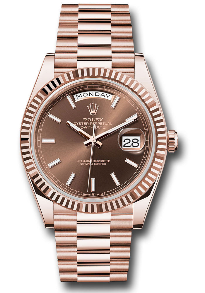*Pre-Owned* Rolex Everose Gold Day-Date 40 Watch - Fluted Bezel - Chocolate Index Dial - President Bracelet