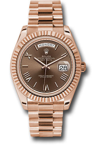 *Pre-Owned* Rolex Everose Gold Day-Date 40 Watch - Fluted Bezel - Chocolate Bevelled Roman Dial - President Bracelet