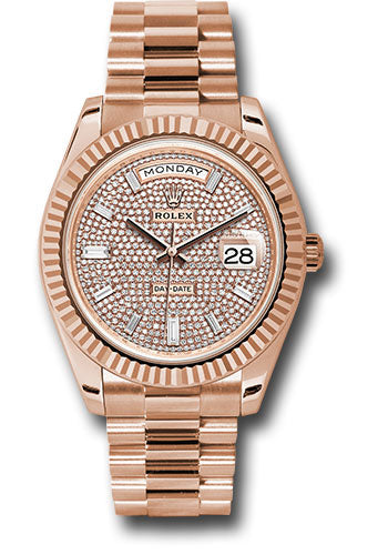 *Pre-Owned* Rolex Everose Gold Day-Date 40 Watch - Fluted Bezel - Diamond Paved Dial - President Bracelet