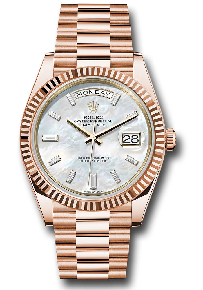 *Pre-Owned* Rolex Everose Gold Day-Date 40 Watch - Fluted Bezel - White Mother-Of-Pearl Dial - President Bracelet