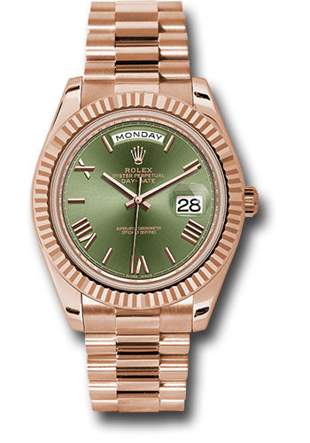 *Pre-Owned* Rolex Everose Gold Day-Date 40 Watch - Fluted Bezel - Olive Green Bevelled Roman Dial - President Bracelet