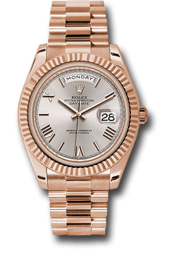 *Pre-Owned* Rolex Everose Gold Day-Date 40 Watch - Fluted Bezel - Sundust Bevelled Roman Dial - President Bracelet
