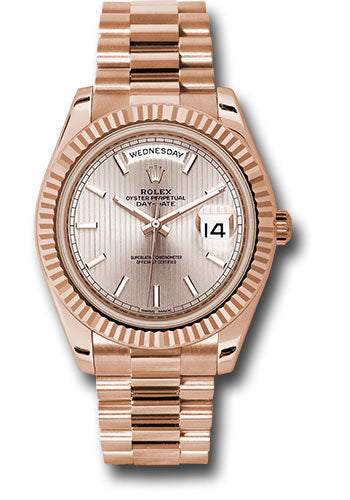 *Pre-Owned* Rolex Everose Gold Day-Date 40 Watch - Fluted Bezel - Sundust Strip Motif Index Dial - President Bracelet