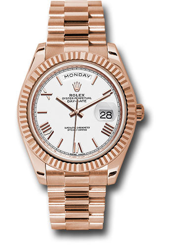 *Pre-Owned* Rolex Everose Gold Day-Date 40 Watch - Fluted Bezel - White Bevelled Roman Dial - President Bracelet