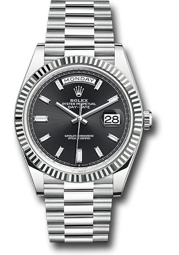 *Pre-Owned* Rolex Platinum Day-Date 40 Watch - Fluted Bezel - Bright Black Dial - President Bracelet