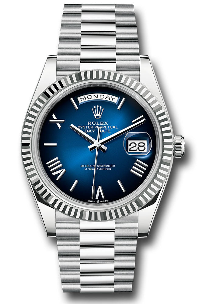 *Pre-Owned* Rolex Platinum Day-Date 40 Watch - Fluted Bezel - Blue OmbrÃ© Roman Dial - President Bracelet