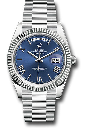 *Pre-Owned* Rolex Platinum Day-Date 40 Watch - Fluted Bezel - Bright Blue Roman Dial - President Bracelet