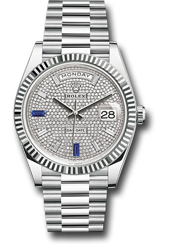*Pre-Owned* Rolex Platinum Day-Date 40 Watch - Fluted Bezel - Diamond And Sapphire Paved Diamond Dial - President Bracelet