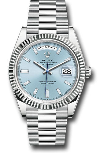 *Pre-Owned* Rolex Platinum Day-Date 40 Watch - Fluted Bezel - Ice Blue Dial - President Bracelet