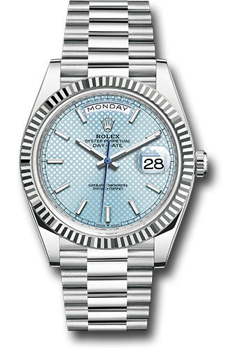 *Pre-Owned* Rolex Platinum Day-Date 40 Watch - Fluted Bezel - Ice Blue Diagonal Motif Index Dial - President Bracelet