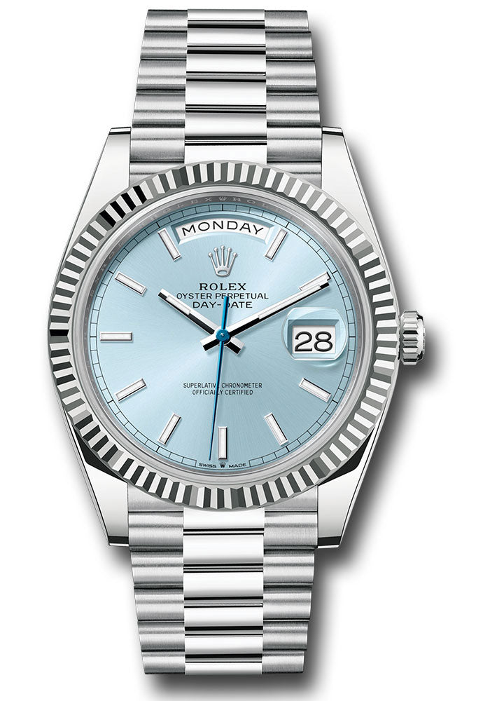 *Pre-Owned* Rolex Platinum Day-Date 40 Watch - Fluted Bezel - Ice Blue Index Dial - President Bracelet