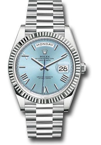 *Pre-Owned* Rolex Platinum Day-Date 40 Watch - Fluted Bezel - Ice Blue Roman Dial - President Bracelet