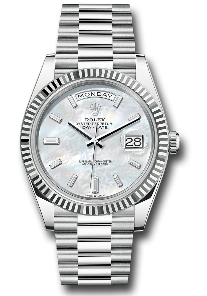 *Pre-Owned* Rolex Platinum Day-Date 40 Watch - Fluted Bezel - White Mother-Of-Pearl Dial - President Bracelet