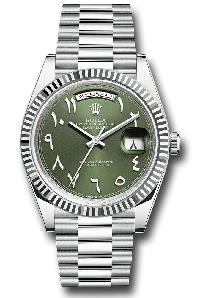 *Pre-Owned* Rolex Platinum Day-Date 40 Watch - Fluted Bezel - Olive Green Special Arabic Dial - President Bracelet