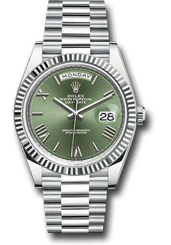 *Pre-Owned* Rolex Platinum Day-Date 40 Watch - Fluted Bezel - Olive Green Roman 6 Dial - President Bracelet