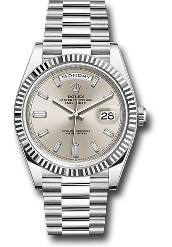 *Pre-Owned* Rolex Platinum Day-Date 40 Watch - Fluted Bezel - Silver Dial - President Bracelet