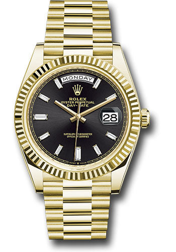 *Pre-Owned* Rolex Yellow Gold Day-Date 40 Watch - Fluted Bezel - Black Baguette Diamond Dial - President Bracelet