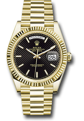 *Pre-Owned* Rolex Yellow Gold Day-Date 40 Watch - Fluted Bezel - Black Diagonal Motif Index Dial - President Bracelet