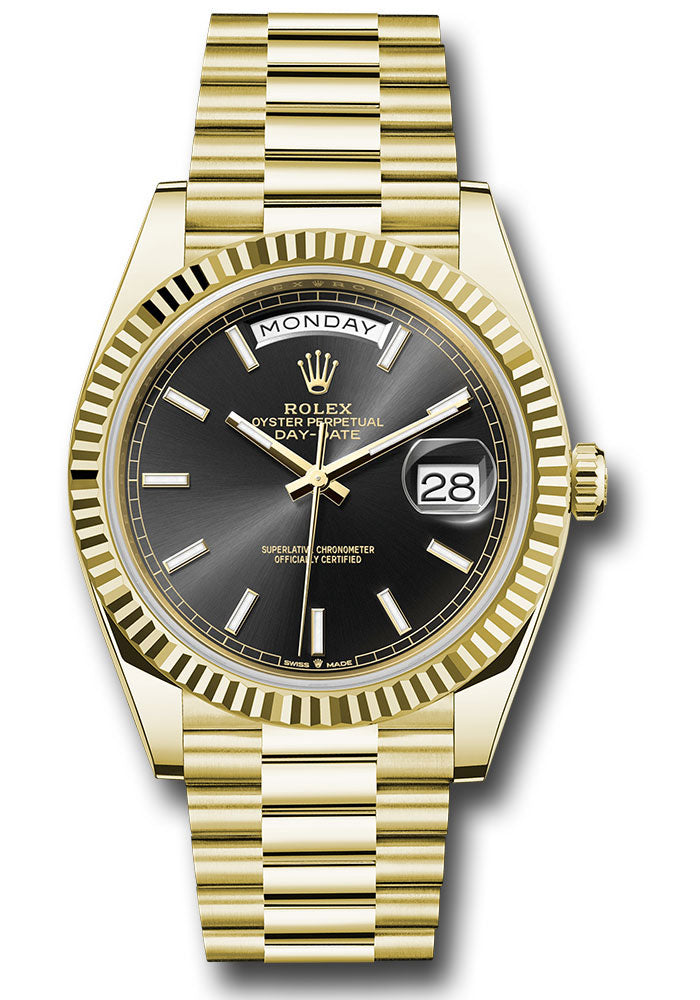 *Pre-Owned* Rolex Yellow Gold Day-Date 40 Watch - Fluted Bezel - Black Index Dial - President Bracelet