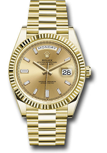 *Pre-Owned* Rolex Yellow Gold Day-Date 40 Watch - Fluted Bezel - Champagne Baguette Diamond Dial - President Bracelet