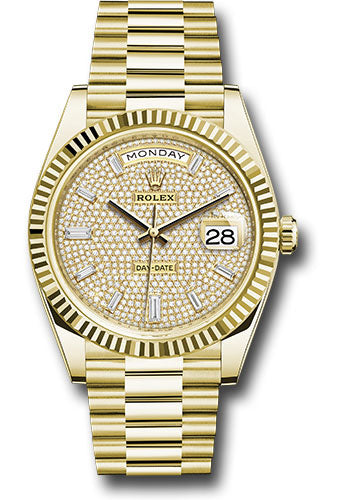 *Pre-Owned* Rolex Yellow Gold Day-Date 40 Watch - Fluted Bezel - Diamond-Paved Dial - President Bracelet