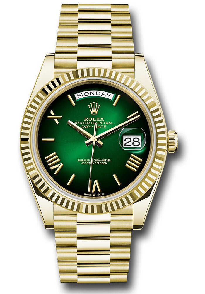 *Pre-Owned* Rolex Yellow Gold Day-Date 40 Watch - Fluted Bezel - Green OmbrÃ© Roman Dial - President Bracelet