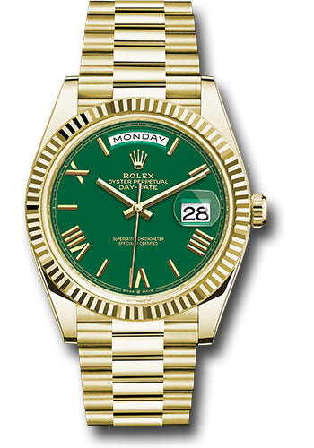 *Pre-Owned* Rolex Yellow Gold Day-Date 40 Watch - Fluted Bezel - Green Roman Dial - President Bracelet