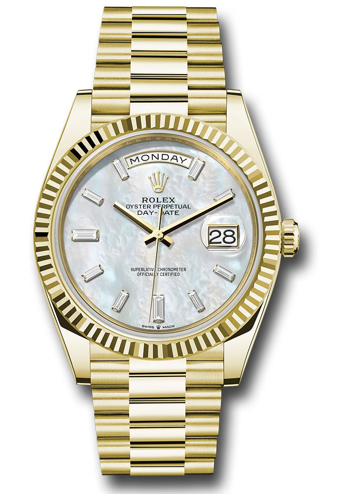 *Pre-Owned* Rolex Yellow Gold Day-Date 40 Watch - Fluted Bezel - White Mother-Of-Pearl Dial - President Bracelet