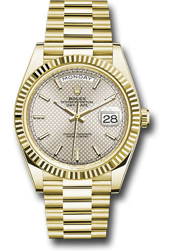 *Pre-Owned* Rolex Yellow Gold Day-Date 40 Watch - Fluted Bezel - Silver Diagonal Motif Index Dial - President Bracelet