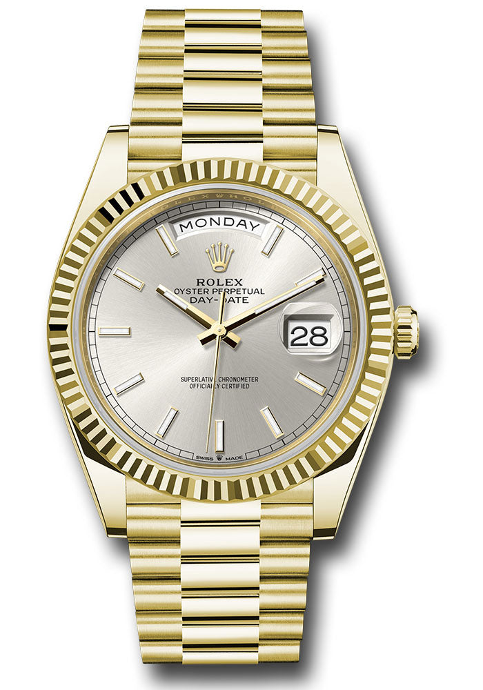 *Pre-Owned* Rolex Yellow Gold Day-Date 40 Watch - Fluted Bezel - Silver Index Dial - President Bracelet