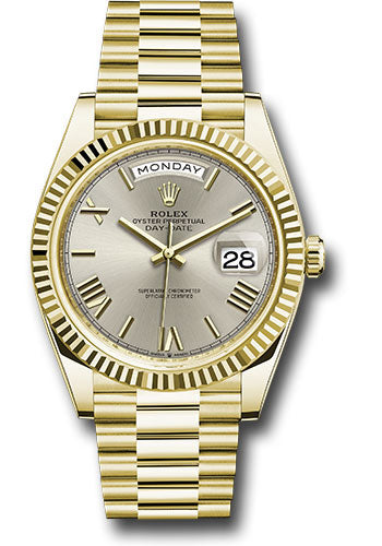*Pre-Owned* Rolex Yellow Gold Day-Date 40 Watch - Fluted Bezel - Silver Bevelled Roman Dial - President Bracelet