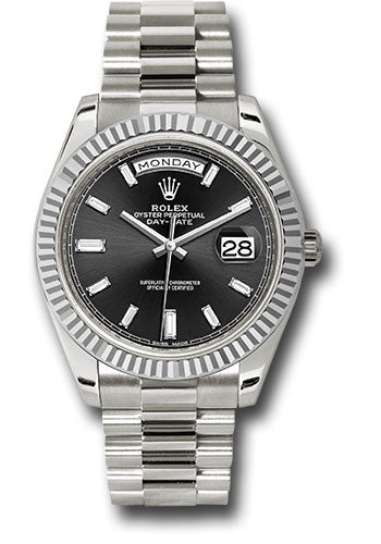 *Pre-Owned* Rolex White Gold Day-Date 40 Watch - Fluted Bezel - Black Baguette Diamond Dial - President Bracelet