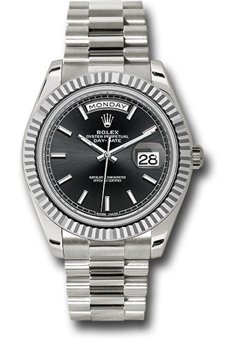 *Pre-Owned* Rolex White Gold Day-Date 40 Watch - Fluted Bezel - Black Index Dial - President Bracelet