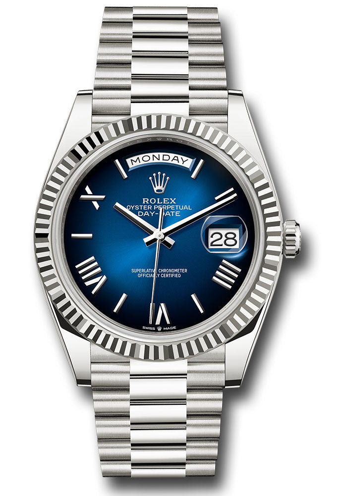 *Pre-Owned* Rolex White Gold Day-Date 40 Watch - Fluted Bezel - Blue OmbrÃ© Roman Dial - President Bracelet