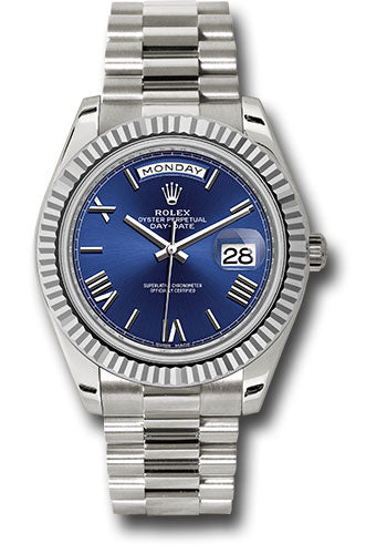 *Pre-Owned* Rolex White Gold Day-Date 40 Watch - Fluted Bezel - Blue Bevelled Roman Dial - President Bracelet