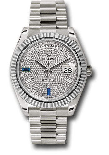 *Pre-Owned* Rolex White Gold Day-Date 40 Watch - Fluted Bezel - Diamond Paved Baguette Diamond Dial - President Bracelet