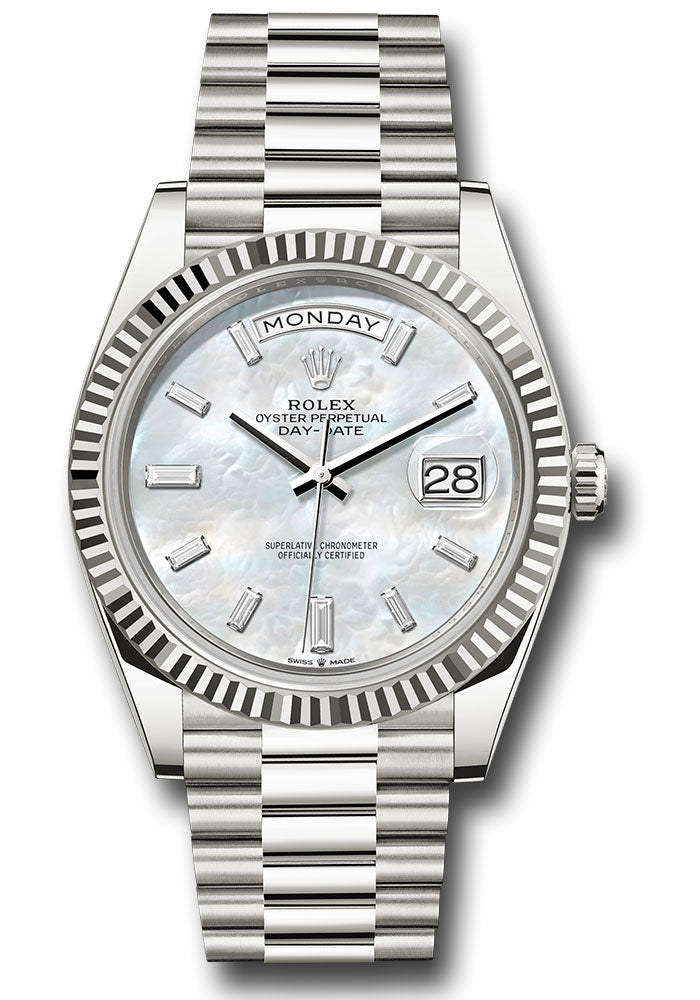 *Pre-Owned* Rolex White Gold Day-Date 40 Watch - Fluted Bezel - White Mother-Of-Pearl Dial - President Bracelet