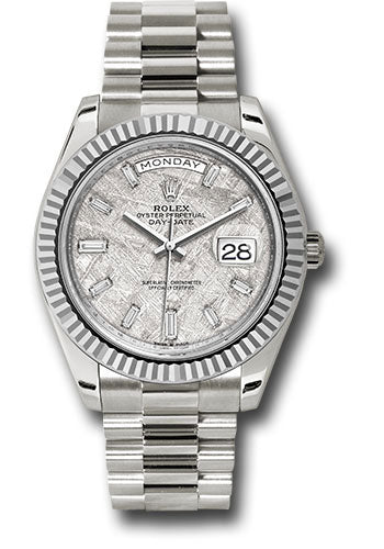 *Pre-Owned* Rolex White Gold Day-Date 40 Watch - Fluted Bezel - Meteorite Baguette Diamond Dial - President Bracelet
