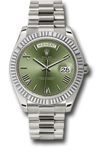 *Pre-Owned* Rolex White Gold Day-Date 40 Watch - Fluted Bezel - Olive Green Bevelled Roman Dial - President Bracelet