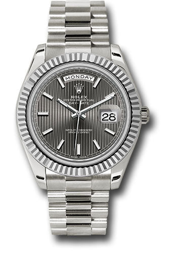 *Pre-Owned* Rolex White Gold Day-Date 40 Watch - Fluted Bezel - Dark Rhodium Stripe Motif Index Dial - President Bracelet