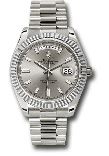 *Pre-Owned* Rolex White Gold Day-Date 40 Watch - Fluted Bezel - Silver Baguette Diamond Dial - President Bracelet