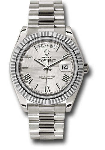*Pre-Owned* Rolex White Gold Day-Date 40 Watch - Fluted Bezel - Silver Quadrant Motif Bevelled Roman Dial - President Bracelet