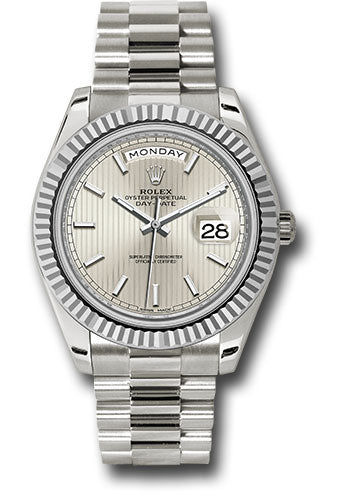 *Pre-Owned* Rolex White Gold Day-Date 40 Watch - Fluted Bezel - Silver Stripe Motif Index Dial - President Bracelet