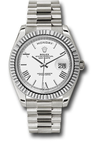 *Pre-Owned* Rolex White Gold Day-Date 40 Watch - Fluted Bezel - White Bevelled Roman Dial - President Bracelet